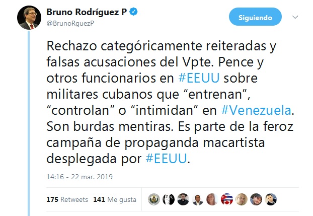 Tuit Canciller cubano condena falsas acusaciones de vicepresidente norteamericano