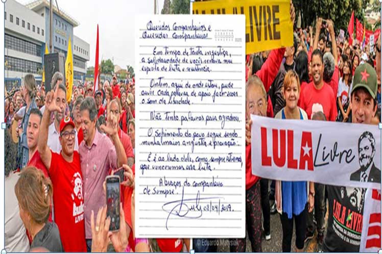 El expresidente brasileño Luiz Inácio Lula da Silva agradeció la movilización popular realizada el domingo en todo el mundo para pedir su libertad, cuando se cumplió un año de su prisión política El expresidente brasileño Luiz Inácio Lula da Silva agradeció la movilización popular realizada el domingo en todo el mundo para pedir su libertad, cuando se cumplió un año de su prisión política