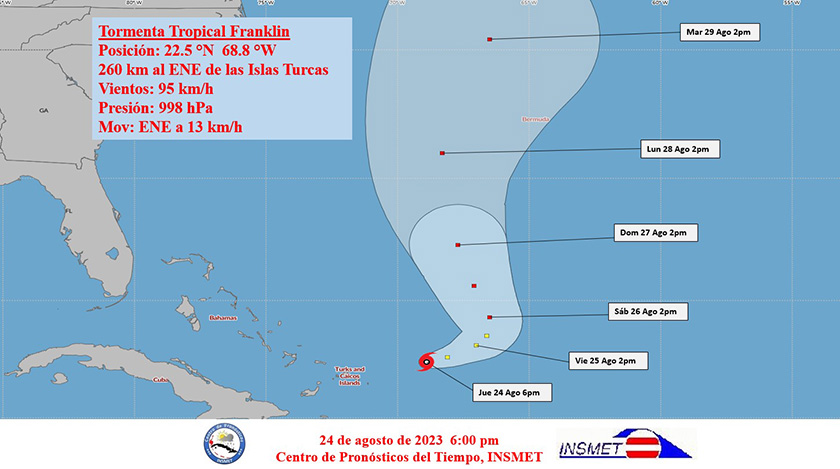 La tormenta tropical Franklin se mueve en los mares al este de las Bahamas, sobre el océano Atlántico occidental, informa el Instituto de Meteorología (Insmet) en su Aviso de ciclón tropical No. 9, de las 6:00 p.m. de hoy.