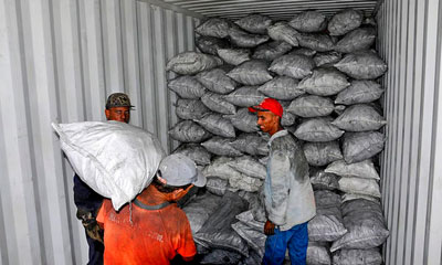Trabajadores del carbón durante el traslado manual del producto a contenedores en puerto. AIN FOTO exportacion_carbon.jpg
