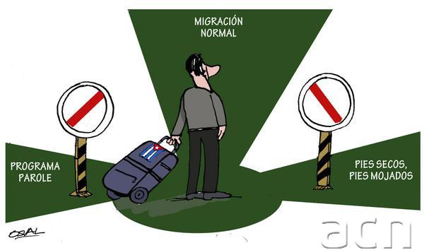 Caricatura, Único camino, con motivo de la firma de la declaración conjunta sobre tema migratorio en el camino hacia la normalización de las relaciones bilaterales entre Cuba y Estados Unidos. Ciego de Ávila, Cuba, el 14 de enero de 2017. ACN CARICATURA/Osvaldo GUTIÉRREZ GÓMEZ