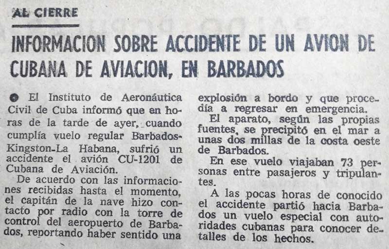 Nota en el periódico Granma que informa sobre el crimen de Barbados Foto de Archivo