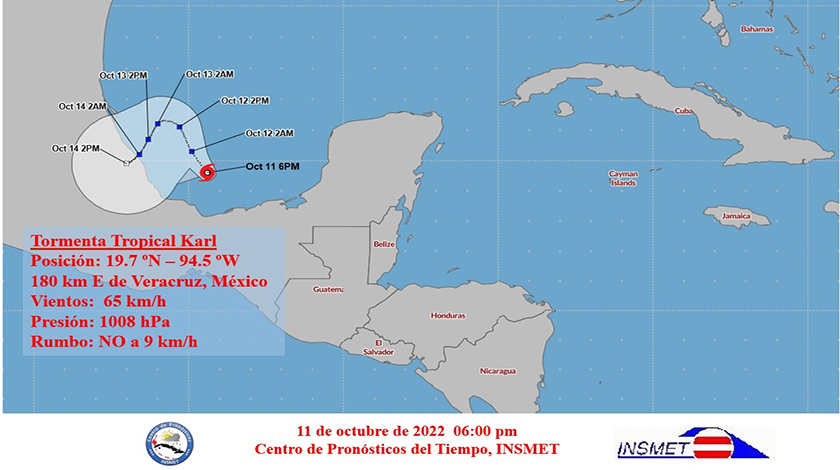 El Instituto de Meteorología de Cuba advirtió hoy sobre la formación en el golfo de México de la tormenta tropical Karl, que con vientos máximos sostenidos de 65 kilómetros por hora (km/h), y rachas superiores, se desplaza con rumbo noroeste a nueve km/h.