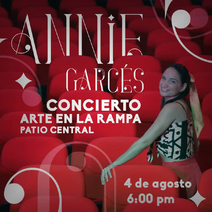 La joven cantante Annie Garcés ofrecerá una presentación especial el próximo viernes 4 de agosto a las 6:00 p. m. en el patio central del Pabellón Cuba, de esta capital, como parte de las actividades organizadas por la XXII edición de la feria Arte en la Rampa.