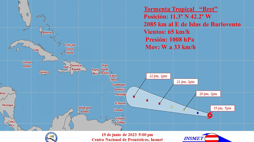 La depresión tropical tres durante la tarde de hoy continúo ganando en organización e intensidad y se convirtió en tormenta tropical, nombrada Bret, informó el Instituto de Meteorología en su Aviso de Ciclón Tropical número dos.